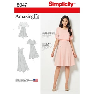 Simplicity 8047 Sewing Pattern Amazing Fit Misses Dress in Slim, Average and Curvy Fit  princess seams and Over Bodice
