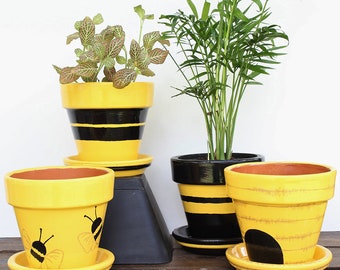 Painted Bee Planter Set - Yellow and Black Desk Planter, PotsEtc