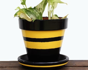 Yellow Stripe Painted Flower Pot - Black and Yellow Modern Plant Pot, Desk Planter, PotsEtc