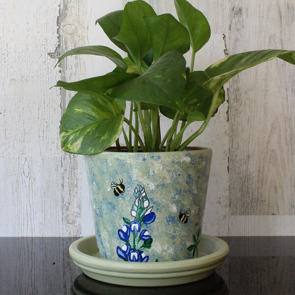 Painted Bluebonnet Small Plant Pot - Green and Blue 4 Inch Planter with Bluebonnets and Bees