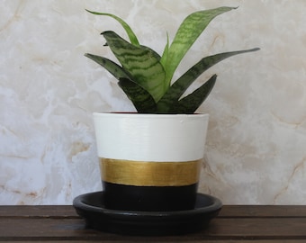 The Pearl Painted Flower Pot - Mother Nature Collection -White, Gold and Black