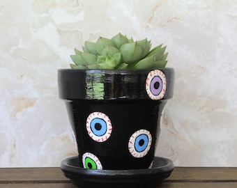 Painted Eyeballs Small Plant Pot - Black with Eyeballs Flower Pot