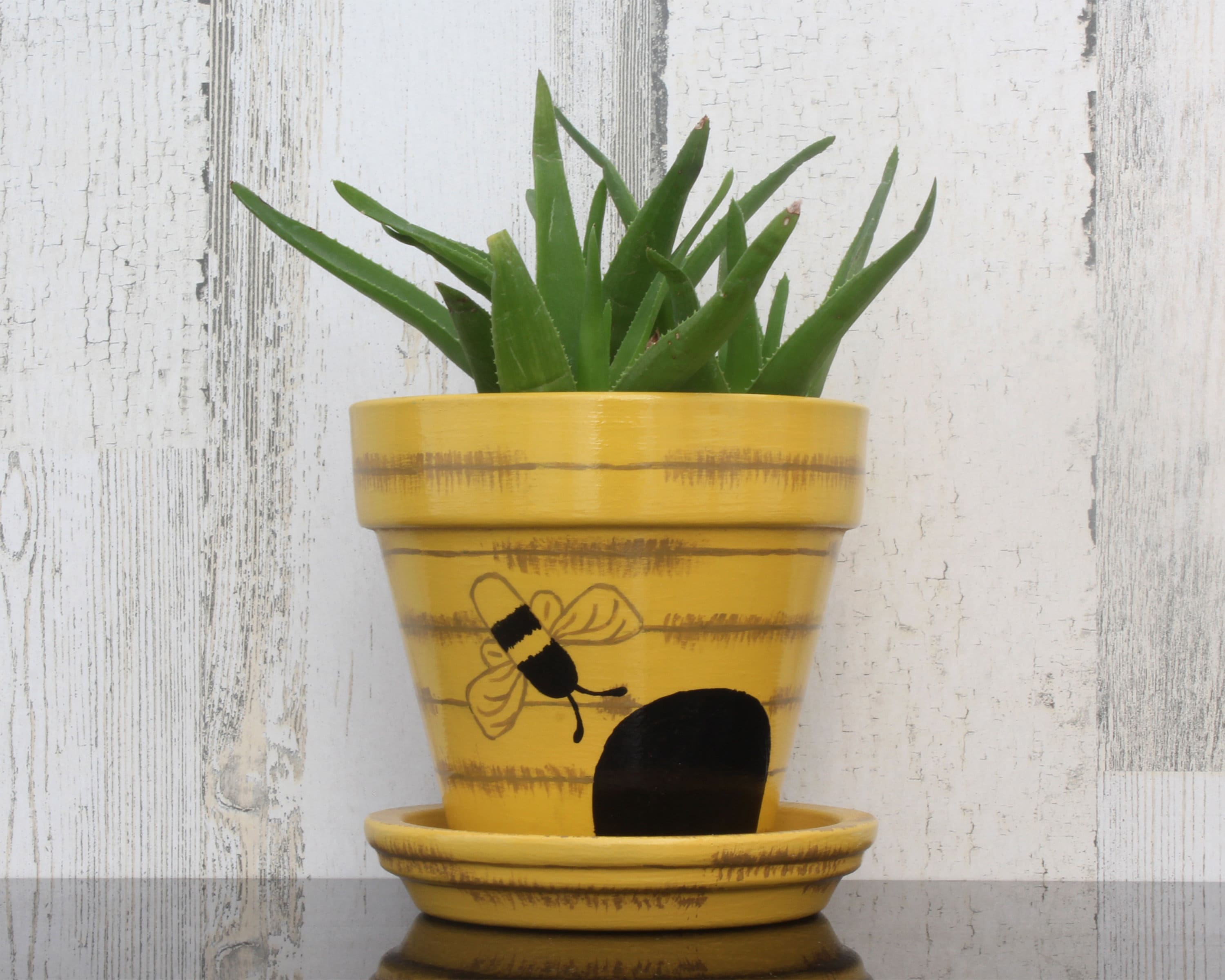 Bumble Bee pink hand painted terracotta clay plant pot