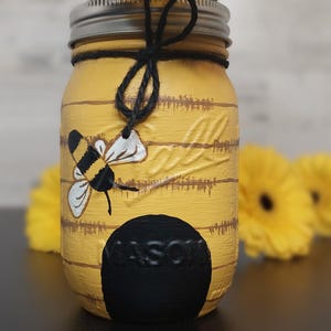 Bee Hive Hand Painted Pint Mason Jar, Bee Decor, Yellow Vase, Bee Hive Vase, Honey Bees, Bumble Bees