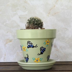 Spring Bee Buzz Light Green Painted Succulent Planter - Small 4 Inch Nature Green Flower Pot with Blue Bees