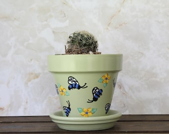 Spring Bee Buzz Light Green Painted Succulent Planter - Small 4 Inch Nature Green Flower Pot with Blue Bees