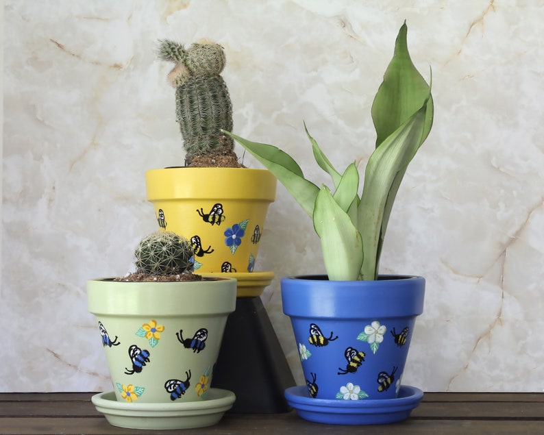 Spring Bee Buzz Yellow Flower Pot/Planter Small 4 Inch Painted Bee Planter Succulent Planter image 8