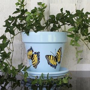 Terracotta Flower Pot Painted Yellow Butterflies with Drainage Hole and Saucer (Drip Tray)/Blue Medium 6 Inch/Plant Pot/Planter