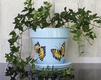 Terracotta Flower Pot Painted Yellow Butterflies with Drainage Hole and Saucer (Drip Tray)/Blue Medium 6 Inch/Plant Pot/Planter