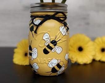 Jarrón de albañil con forma de abeja pintada a mano, frasco amarillo, jarrón con forma de abeja, decoración con forma de abeja