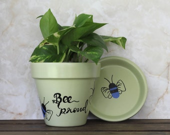 Spring Bee Buzz Painted Terracotta Flower Pot - Nature Green/Bee Proud/6 Inch Planter