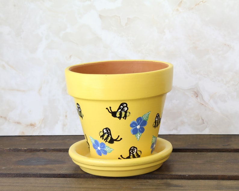 Spring Bee Buzz Yellow Flower Pot/Planter Small 4 Inch Painted Bee Planter Succulent Planter image 6