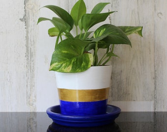 Painted Flower Pot/Planter/Plant Pot, Blue, White and Gold 4 Inch