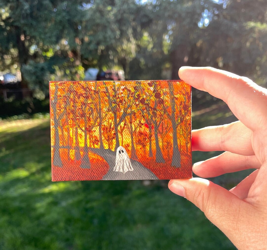 Tiny Original Halloween Painting Ghost and Fall Trees - Etsy