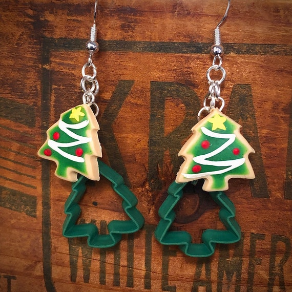 Cutout Christmas Tree Cookie Earrings // Miniature Food Jewelry // Cutout Cookie Earrings // Mini Cookie Cutter