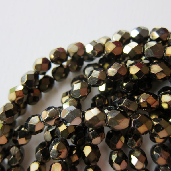 25 Fools Gold Czech Glass Beads - Fire polished 6mm