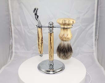 Shaving Set in Chrome and Spalted Tamarind Exotic Hardwood with a Gillette Mach 3 Razor