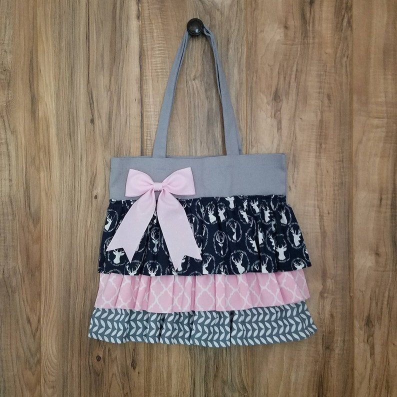 Pink /& Navy Elk Head Ruffled Tote Bag