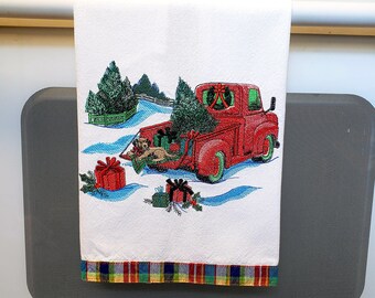 Machine Embroidered/Tea/Dish/Hand Towel/Country/Farm Truck/Farm Dog/Christmas Presents/Cotton/Custom/Christmas
