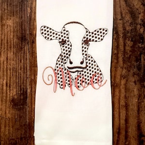 Embroidered Polka Dot Cow, Tea/dish Towel, pillow, farm animals
