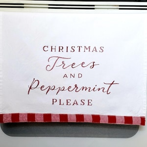 Machine embroidered/Christmas/Christmas trees/Peppermint/Redwork/Tea/Dish/Hand/Kitchen Towel/Holiday gift