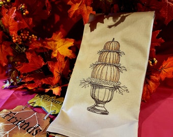 Machine Embroidered Pumpkin Topiary Tea Dish Towel: Thanksgiving or Fall Kitchen Decor, washable