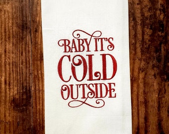 Embroidered &quot;Baby It&#39;s Cold Outside&quot; Tea/Dish Towel, Red/white Buffalo print, pillow, snow