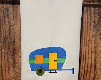 Vintage or Retro Glamping Camping Vacation/Machine Embroidered cotton Kitchen Towel/Recreational Vehicle/Trailer/Washable