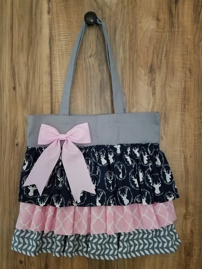 Pink /& Navy Elk Head Ruffled Tote Bag