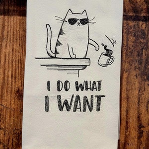 Machine embroidered cotton funny cat tea, hand, dish, kitchen towel, home decor, custom, cat lovers, gifting, washable