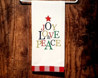 Embroidered Christmas Tea Towel: Joy Love Peace Tree, Buffalo Check