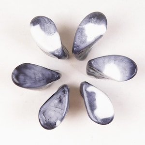 May include: Six black and white oval-shaped stones arranged in a flower pattern.