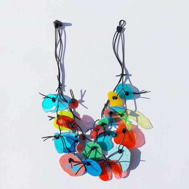 PUZZLE necklace No. 6, short length, three strands, multicolor, resin elements on rubber cord image 4