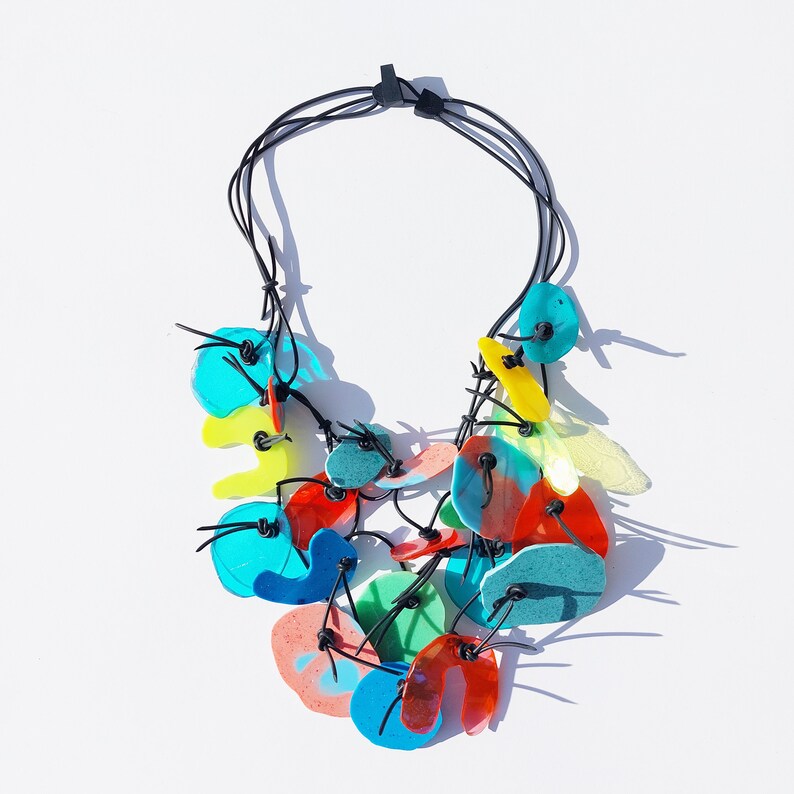 PUZZLE necklace No. 6, short length, three strands, multicolor, resin elements on rubber cord image 1