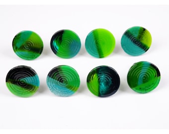 Drawer handles "chunky textured", green marbled, handmade of resin, set of 4