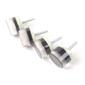 Könnte beinhalten: Vier klare Glas-Schrankknöpfe mit schwarzen und weißen Streifen und silbernen Schrauben.