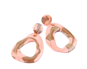 Loops earrings, rose marbled, with silver studs and brass loops