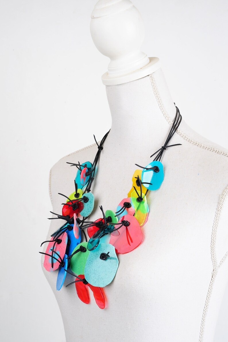 PUZZLE necklace No. 6, short length, three strands, multicolor, resin elements on rubber cord image 8