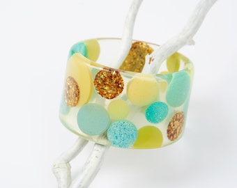 Bangle "floating dots" turquoise-yellow, 6.5 cm Ø