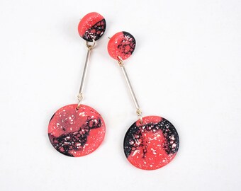 Pendula drop earrings, red with black and white marbled, with silver studs