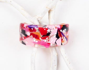 Cuff bangle, terrazzo in translucent resin, fits S