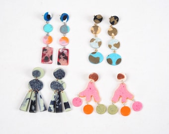 Drop earrings made from patterned synthetic resin coins, four designs to choose from, stainless steel or silver studs