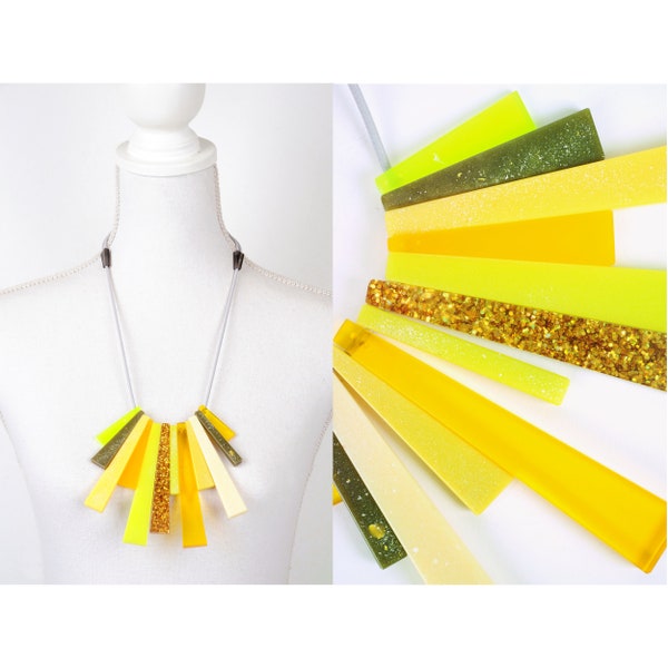 Fan-like statement necklace, opaque and translucent trapezoids, yellow and green