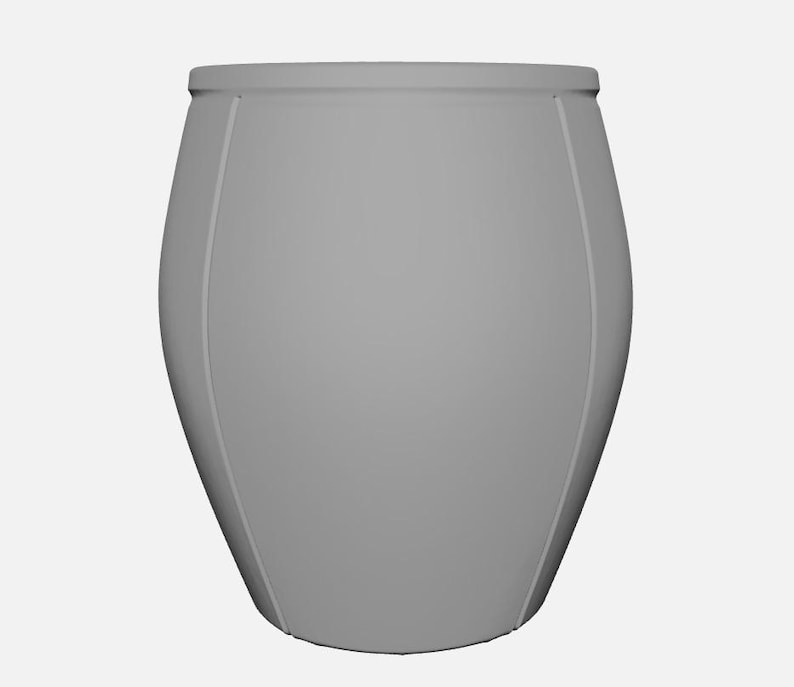 K&ouml;nnte beinhalten: Eine graue, abgerundete Vase mit breitem Oberteil und geschwungenem K&ouml;rper. Vertikale Linien verlaufen die Seiten der Vase hinunter. Die Vase steht vor einem wei&szlig;en Hintergrund.