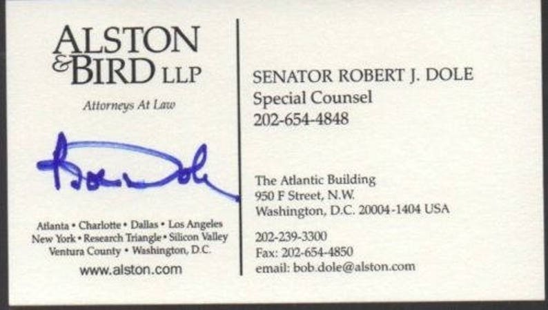 Bob Dole autograph Signed Autographed business card with 2 free bonus photographs