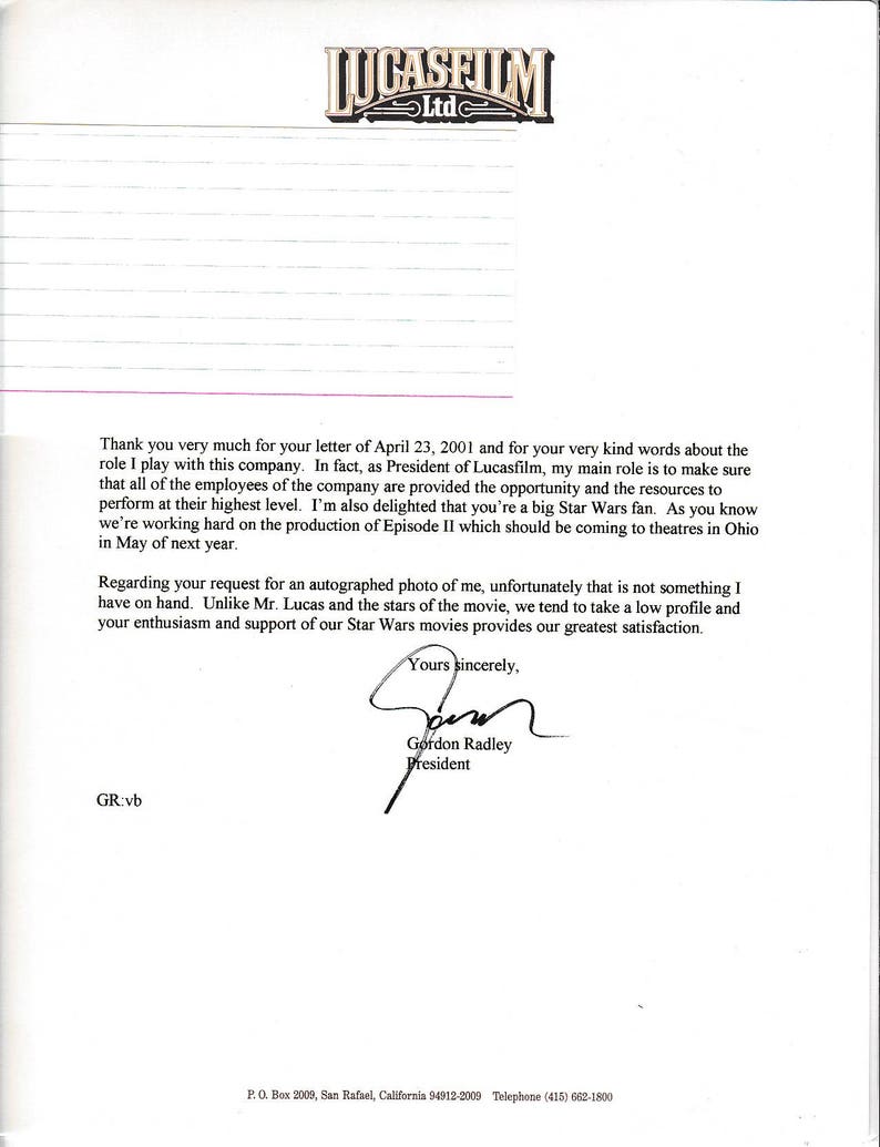 President of Lucasfilm Signed autographed autograph letter films makers of Star Wars film series George Lucas Star War icon GORDON RADLEY