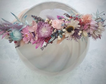 Pastel rainbow floral headpiece, Pink, purple and blue unicorn and mermaid flower crown, Half circlet bridal hairpiece with real dry flowers