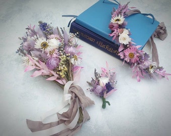 Purple wedding flower set, Matching floral half crown, mini dried flower bouquet, and buttonhole for elopement or simple ceremony