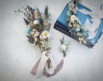 Blue wedding flowers, elopement set with matching floral crown, small bride's bouquet and groom's buttonhole: real dry flowers