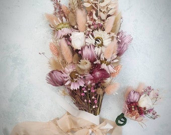 Matching pink wedding flower set, Mini bridal bouquet with groom's boutonniere, Romantic elopement flowers